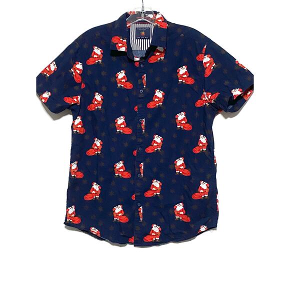 Denim & Flower Santa Clause AOP Button Shirt Mens M Christmas Holidays Snowflake - Picture 1 of 7